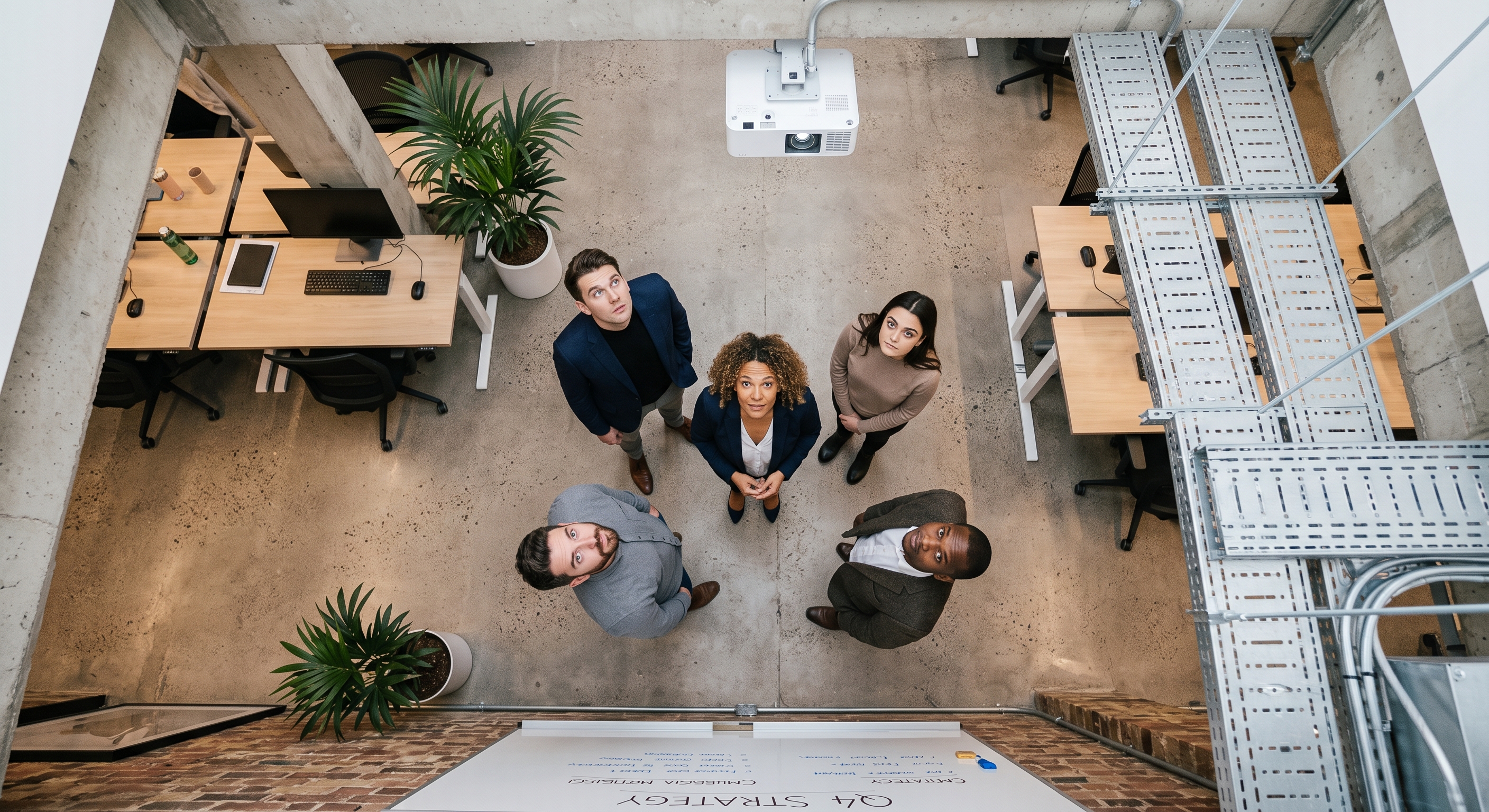Five colleagues looking upward in a modern office