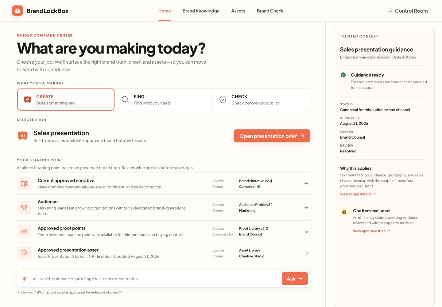 BrandLockBox Brand Command Center prototype showing Create, Find, and Check paths