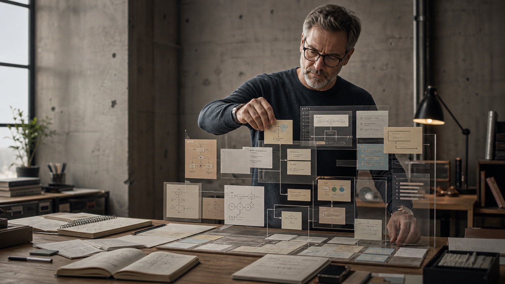 An experienced professional assembling diagrams and notes into a structured glass interface