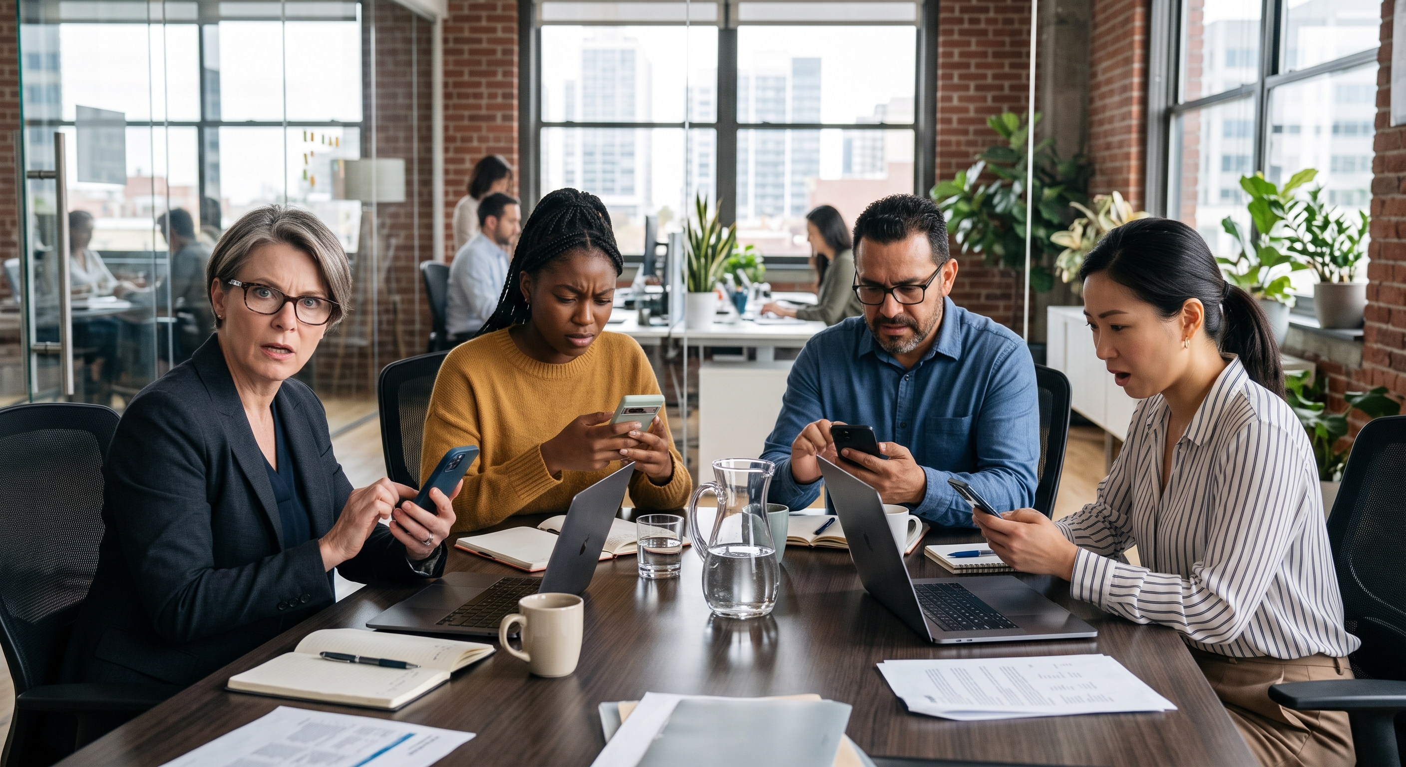 Four marketing leaders distracted by separate phone conversations during a meeting