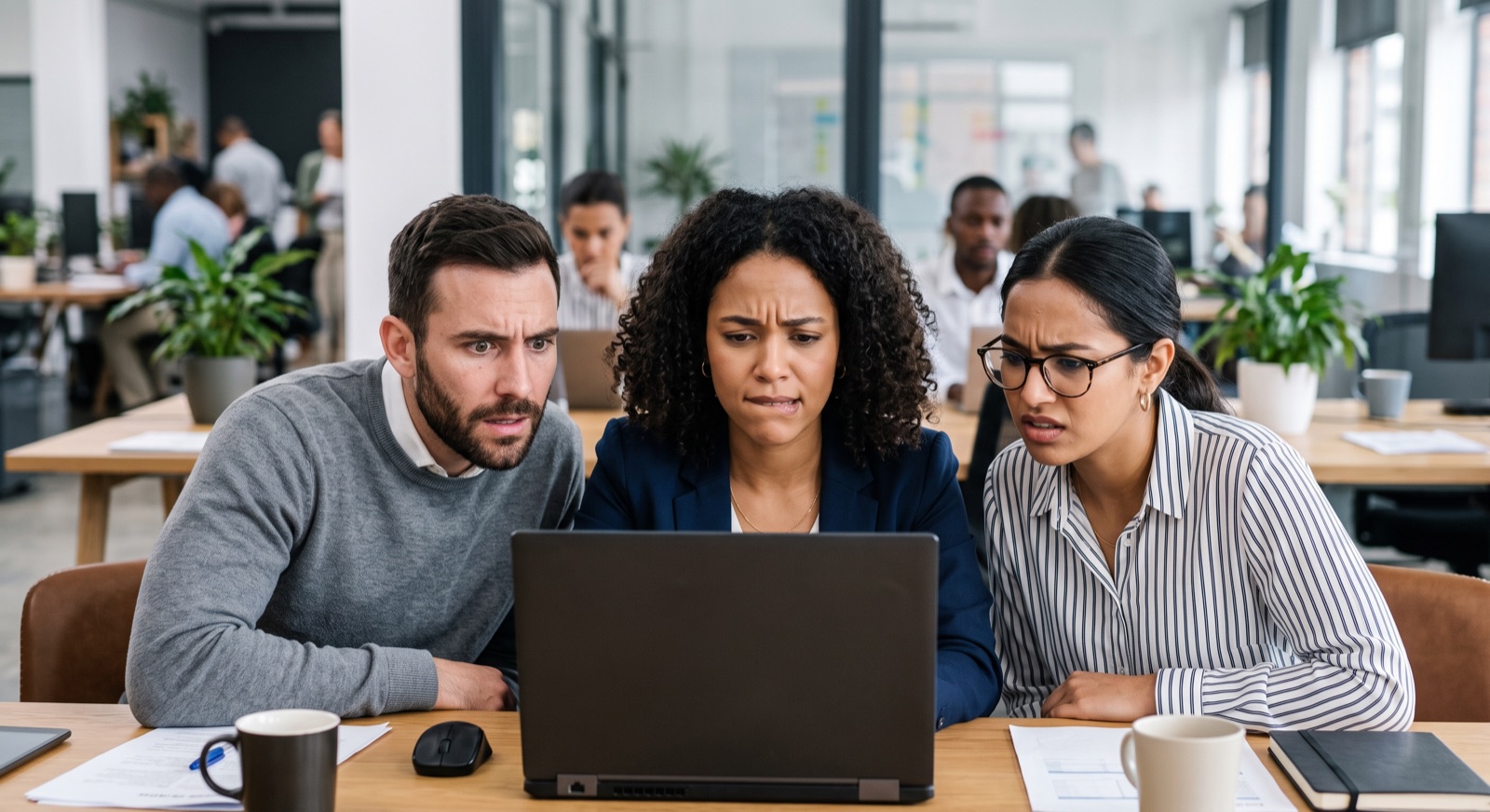 Three marketing professionals reviewing content together on a laptop